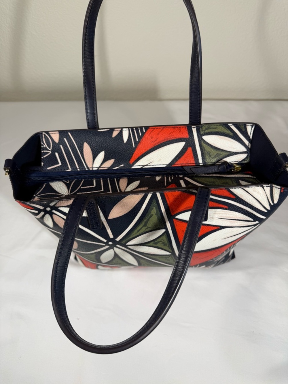 Tory Burch Navy Floral Geo Tote with Red and Olive Accents - Picture 3 of 9